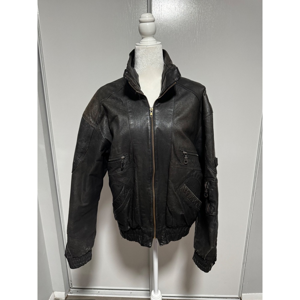 Vintage Weekends Genuine Leather Bomber Jacket Mens Size M Black Zip‎ Up Collar